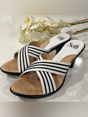 Sofft leather black and white striped heels with padded footbed size 8.5